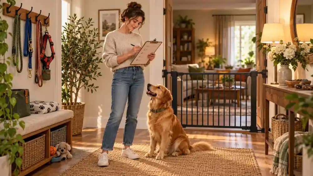 Dog turning its head away and giving a low growl during a supervised interaction as the owner calmly guides both dogs farther apart and records observations in a notebook.