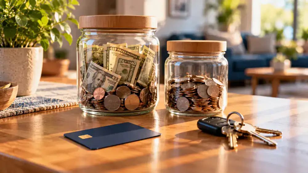 Two glass money jars beside a debit card and house keys on a clean tabletop.