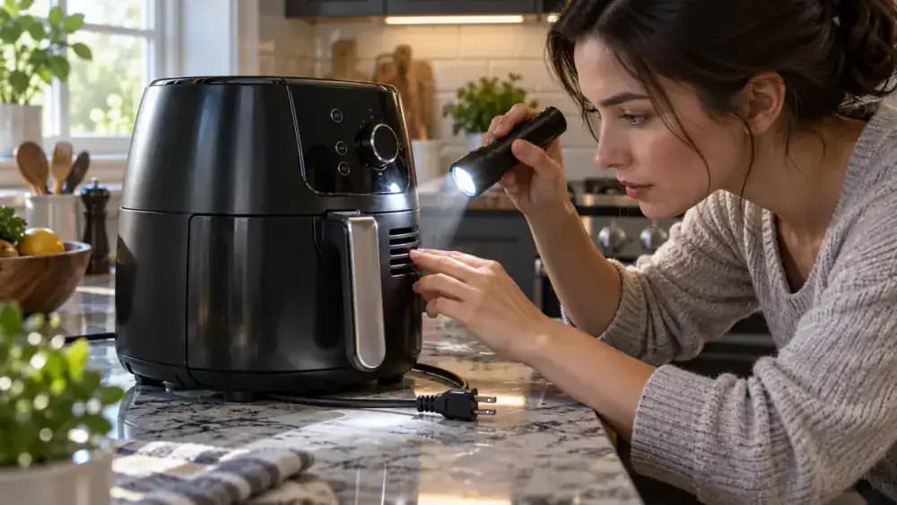 Hand using a small flashlight to inspect button edges, vent openings, cord entry, insulated power cord, and plug on a dry unplugged appliance.
