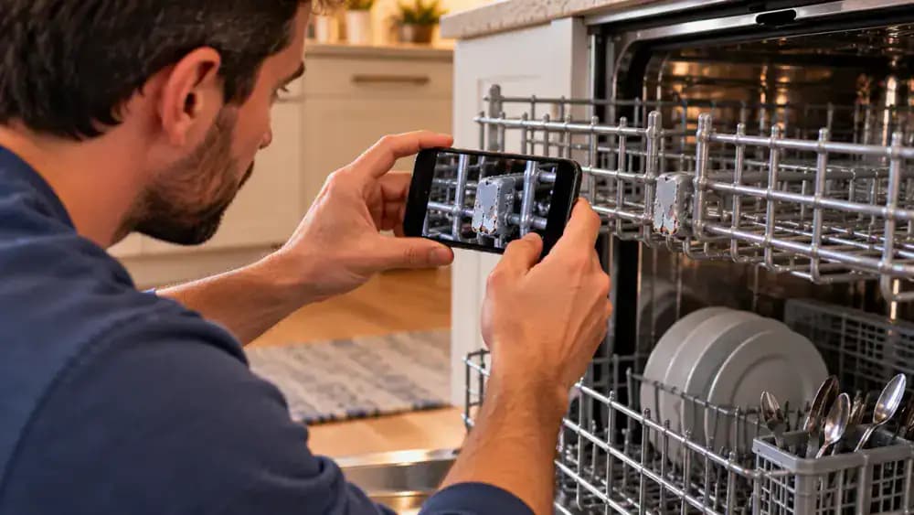Person at a home office desk reviewing smartphone photographs of dishwasher mineral buildup and damaged rack coating, consulting an appliance manual, and completing a manufacturer support form on a laptop with the open dishwasher in the background.