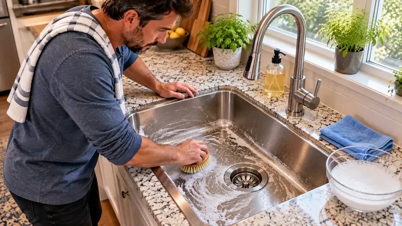 Adult homeowner cleaning one section of a stainless steel kitchen sink with mild dish soap and a damp microfiber cloth, wiping with the grain while a water pitcher and dry towel wait nearby.