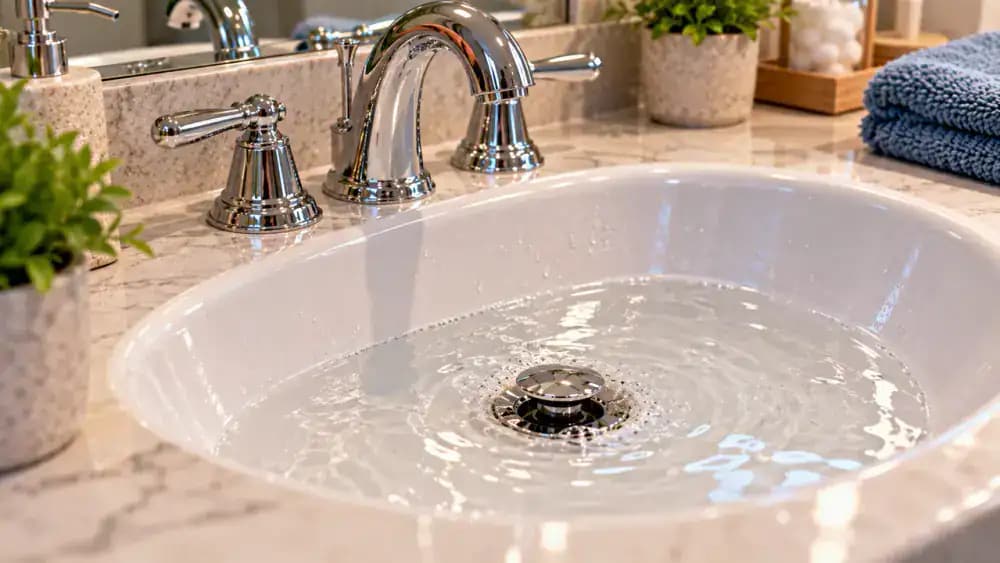 High-angle view of a white porcelain bathroom sink with the faucet off and pop-up stopper open, showing illustrative examples of water clearing normally versus remaining pooled around the drain, alongside a homeowner checking beneath the sink for visible leaks.
