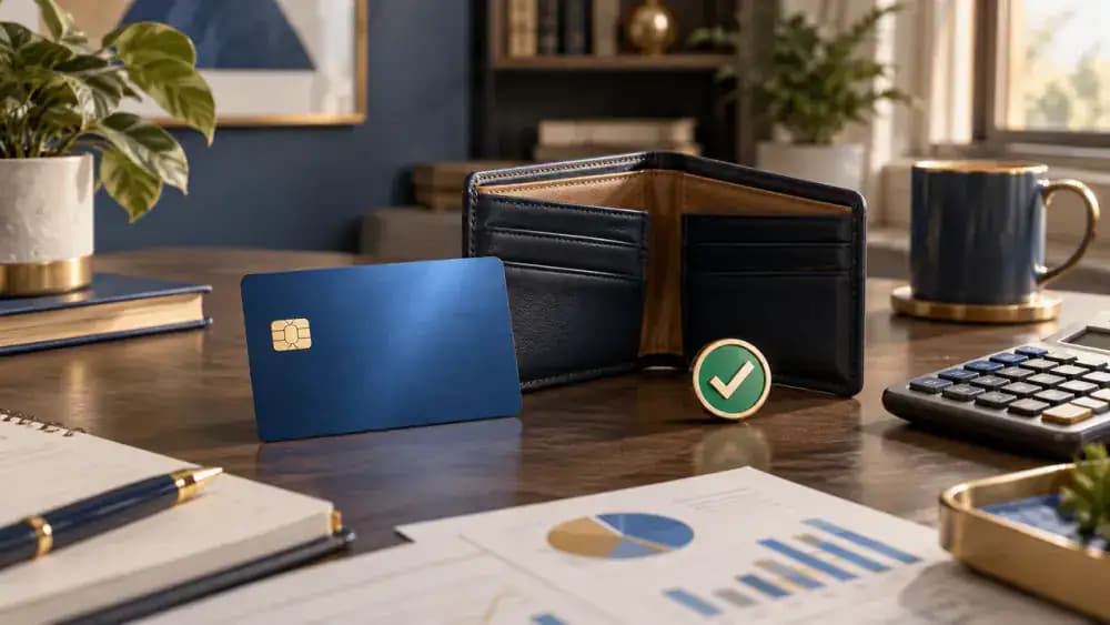 Simple credit card beside an open empty wallet and a green check symbol.
