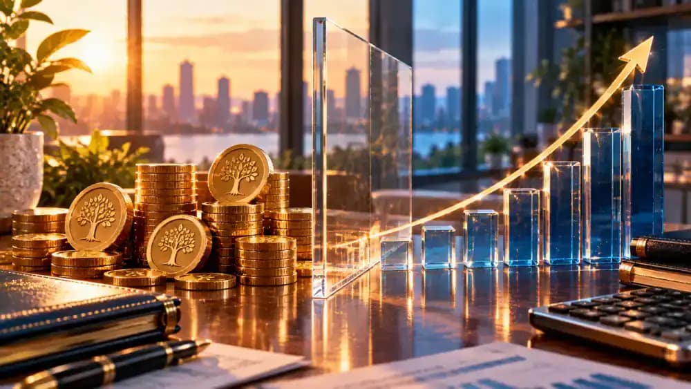 Dividend payments represented by coins separated from an upward stock market graph.