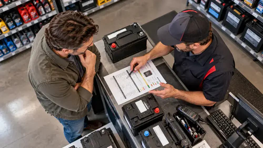 Automotive service technician comparing a vehicle battery assessment worksheet with replacement battery labels and manufacturer specifications at a service counter.
