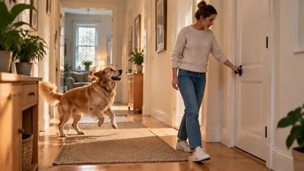 An owner writes training notes in a small notebook at a table after practicing doorway manners, while the dog rests nearby.