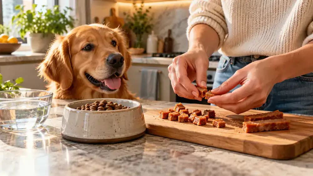 Owner preparing tiny pieces of soft dog treats on a clean plate beside a measuring scoop and bowl of kibble, then offering a small reward to a dog near a fresh water bowl.