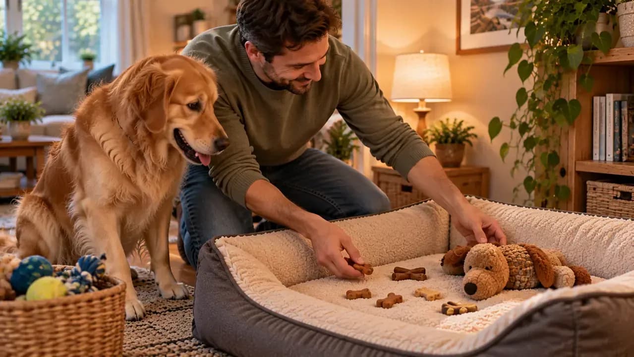 Owner placing treats and a stuffed food toy on a dog bed with the entrance open