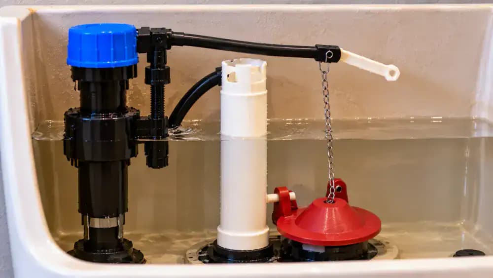Side-profile close-up inside an open American toilet tank showing a cylindrical float beside the fill valve, the manufacturer's marked water level below the vertical overflow tube, and a comparison illustrating continued water flow from a malfunctioning fill valve.