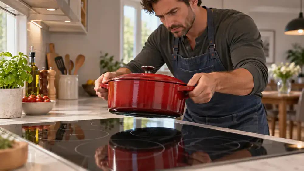 Person securely gripping both handles of a heavy enameled cast-iron Dutch oven and lifting it completely above a cool black glass-ceramic cooktop, leaving a visible gap between the clean pot base and glass surface in a modern American kitchen.