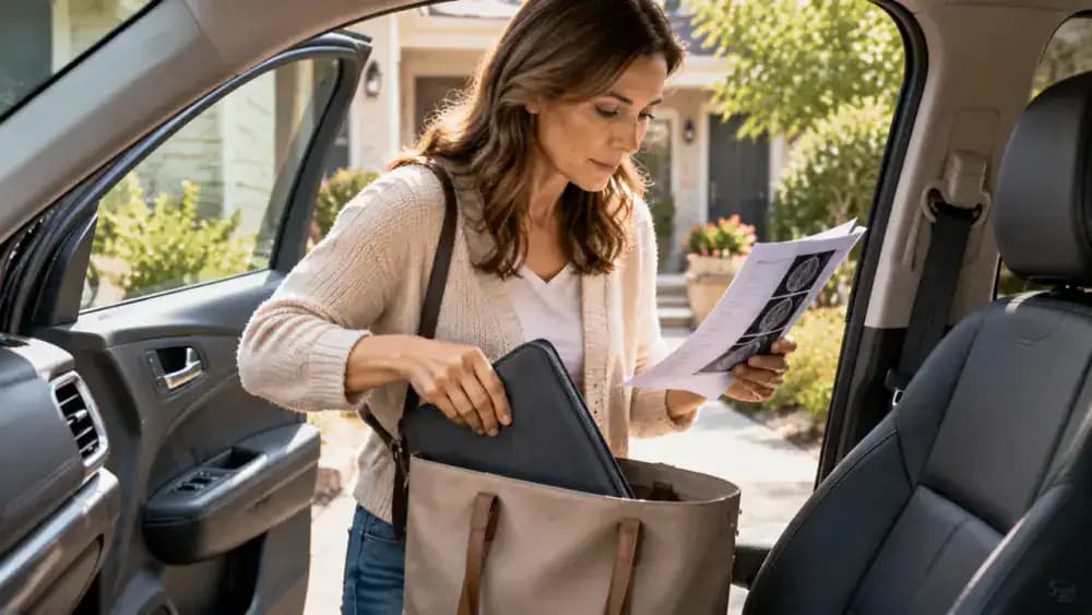 Adult patient placing a closed, opaque document case containing fictional specialist appointment paperwork into a carry-on tote inside a parked car, while checking an appointment card and imaging access instructions.