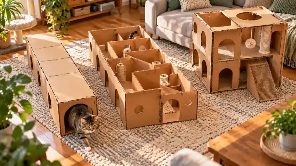Three finished cardboard cat maze designs displayed in a living room, ranging from a simple two-box tunnel to a larger connected layout, with a tabby exploring under owner supervision.