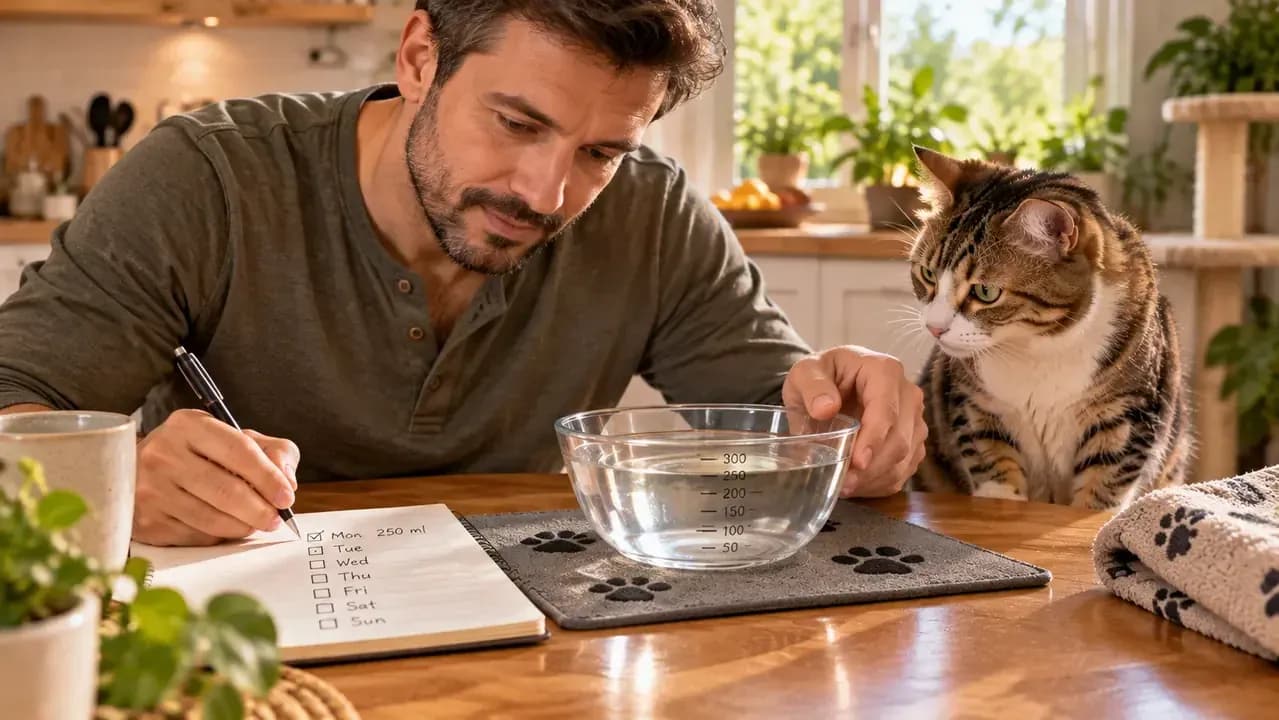 Marked water bowl filled to a reference line beside a simple daily tracking log
