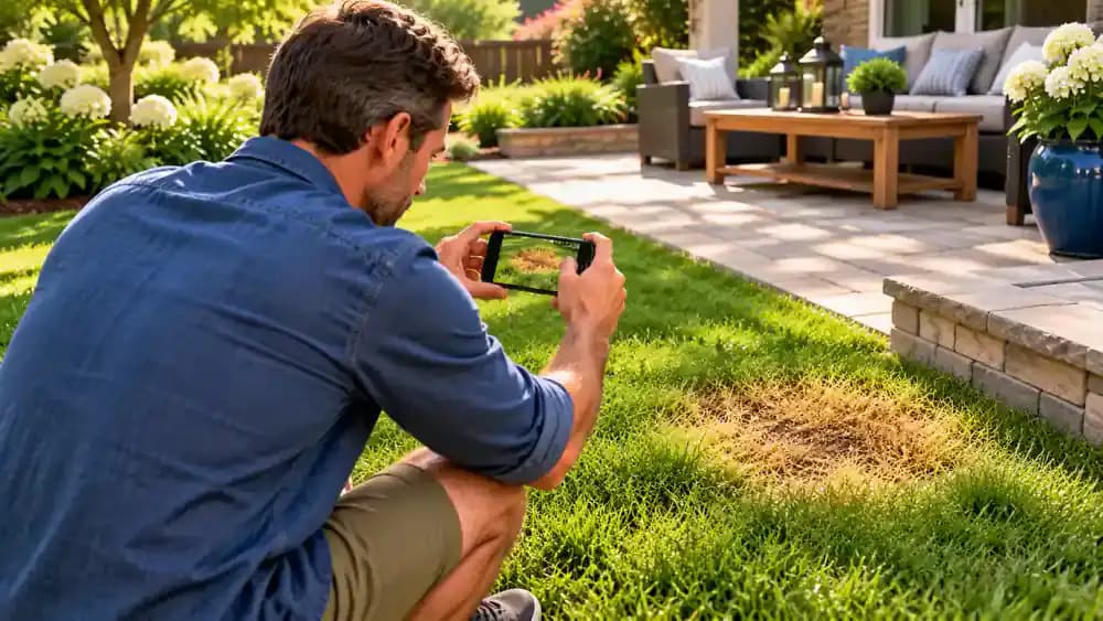 Homeowner photographing a yellow lawn patch with a smartphone held horizontally beside a patio stone border and recording the date in a notebook.