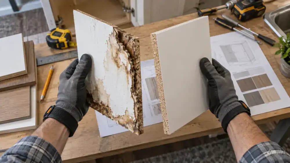 Close-up of a gloved cabinet repair professional comparing moisture-damaged particleboard with an intact replacement panel and inspection report, followed by a restored under-sink cabinet containing a waterproof tray and upright sealed cleaning bottles.