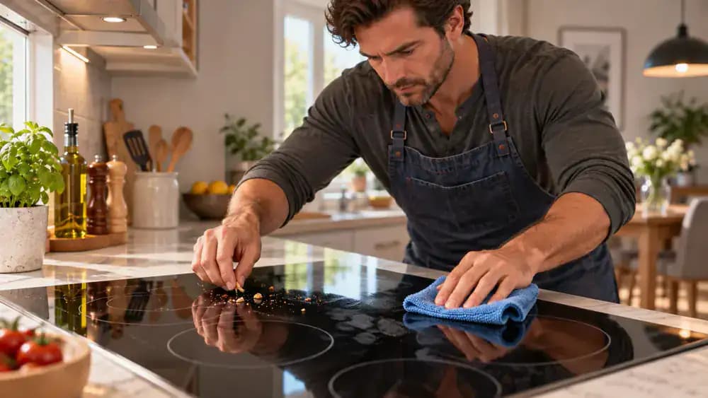 Person maintaining a fully cooled black glass-ceramic cooktop in a modern kitchen, using soft microfiber cloths and approved cleaner to remove crumbs, fingerprints, and a light sauce smear while leaving a hardened tomato sauce deposit untouched.