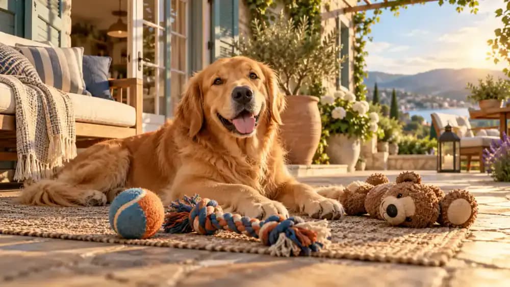 Golden retriever enjoying a red ball, a rope toy, and a plush bear before resting contentedly beside its favorite toys.