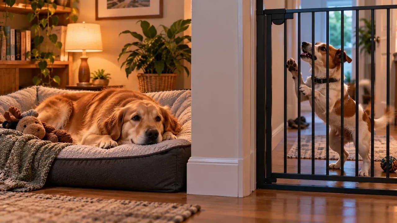 Comparison of a relaxed dog with soft posture and a dog pacing beside a closed gate