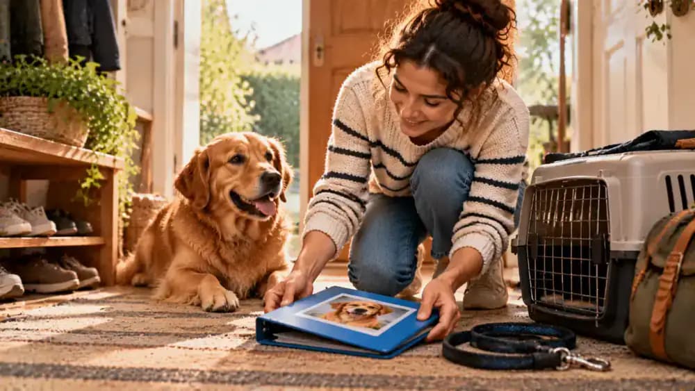 A pet owner places an organized identification folder beside a leash and carrier in a home entryway while a dog rests nearby.