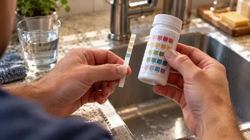 Person testing household water hardness at a kitchen counter using a test strip dipped into a glass of tap water, comparing the developed color with a printed hardness chart, and recording the reading beside a dishwasher manual.