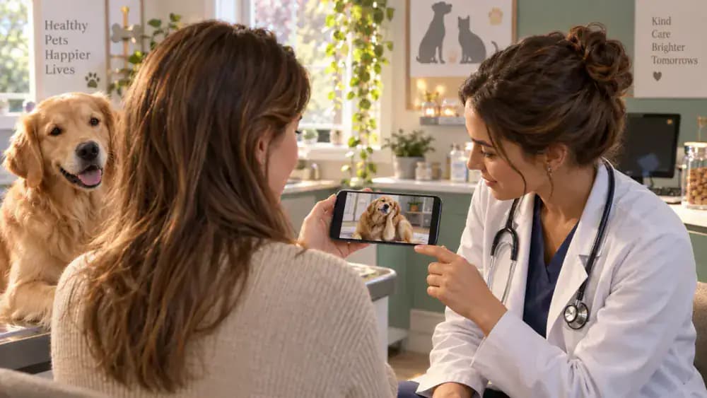 Veterinarian reviewing a phone recording of a dog scratching its ear while the owner references dated symptom notes