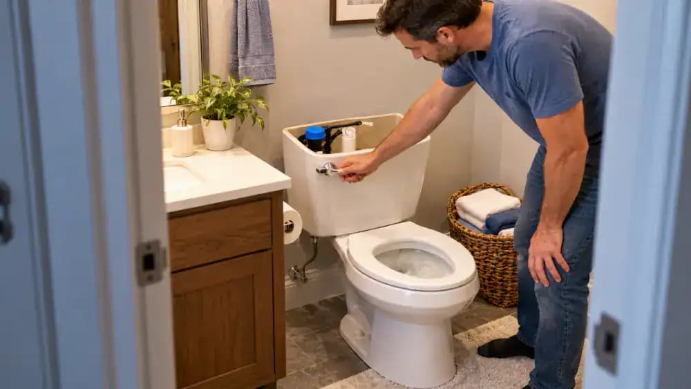 Homeowner testing three consecutive flush cycles on a white toilet with its tank lid removed, showing the new black rubber flapper lifting, closing against the flush valve seat, and the chain relaxing as the tank refills.