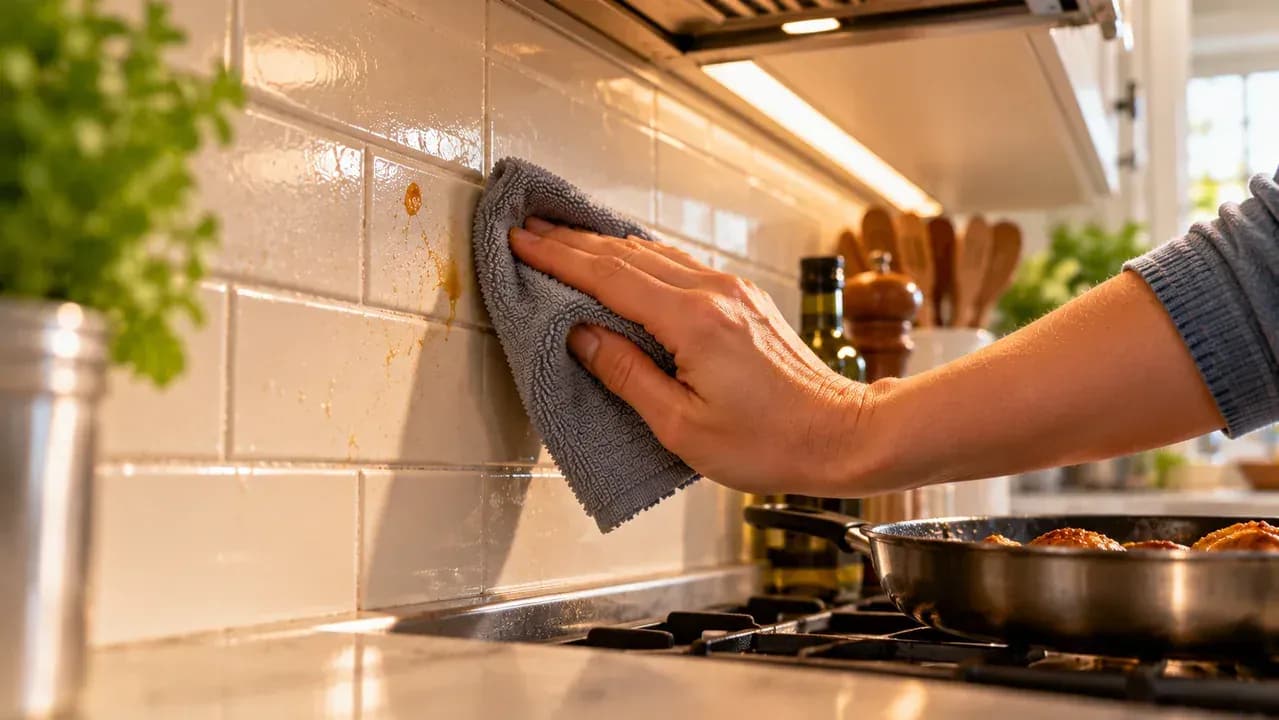 Close side view of a painted cabinet beside a range as a hand dabs one fresh grease droplet with a barely damp microfiber cloth and dries the spot with a second cloth.