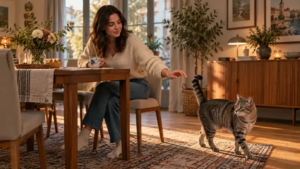 Gray tabby beside a seated dining room visitor, turning its head away with a flicking tail and tense posture as the visitor withdraws their hand.