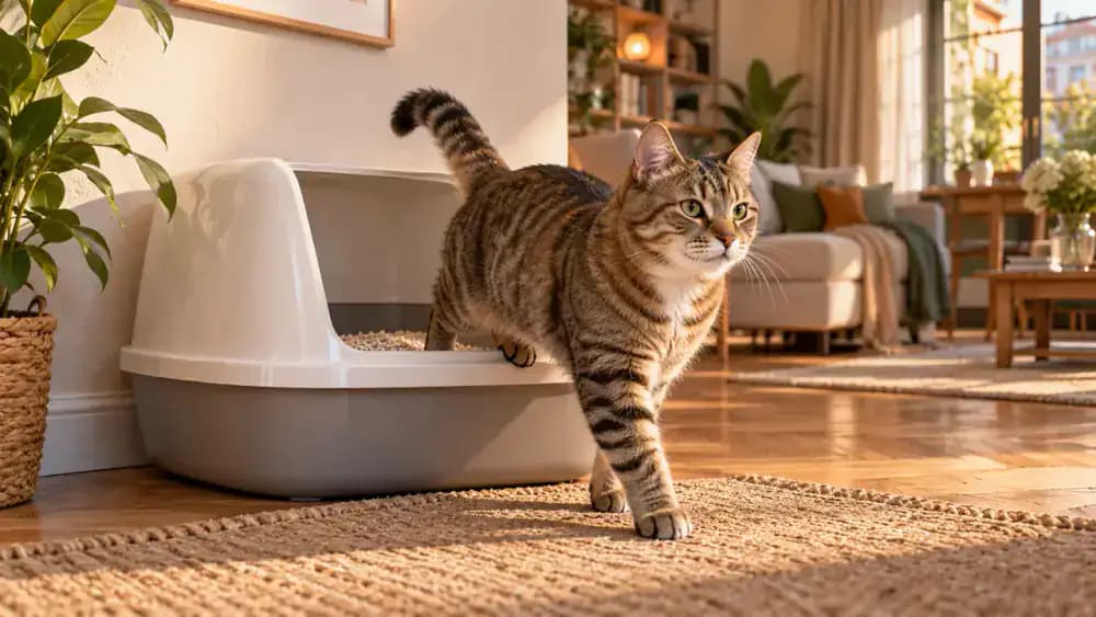 Relaxed tabby cat confidently entering and leaving an uncovered litter box in a quiet, well-organized room before resting peacefully beside its owner on a sofa.