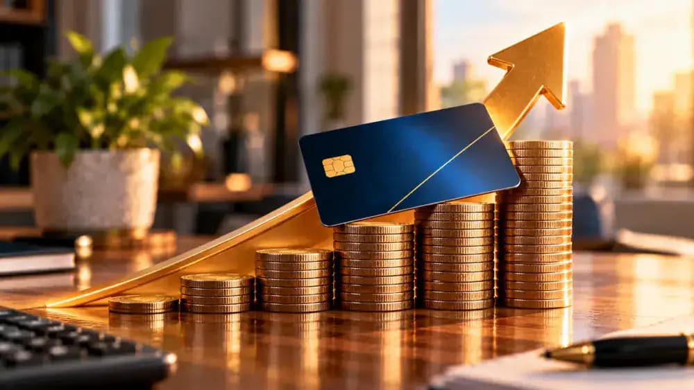 Credit card on ascending stacks of coins illustrating a possible penalty interest rate increase.