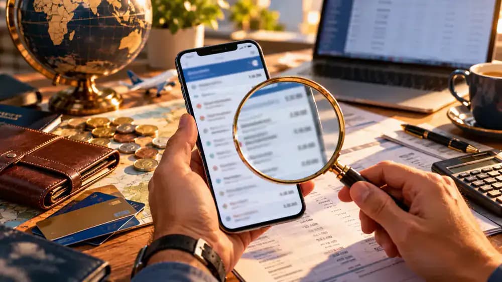 Smartphone displaying an unreadable credit card transaction statement beside a magnifying glass.
