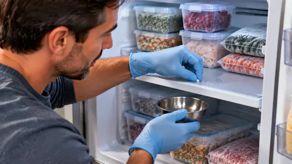 Gloved homeowner checking empty freezer shelves and compartment bottoms for small leftover debris particles after cleaning