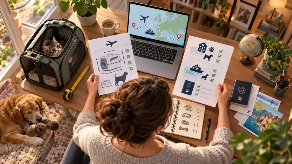 Owner reviewing airline, hotel, ferry and destination pet travel rules at a home office