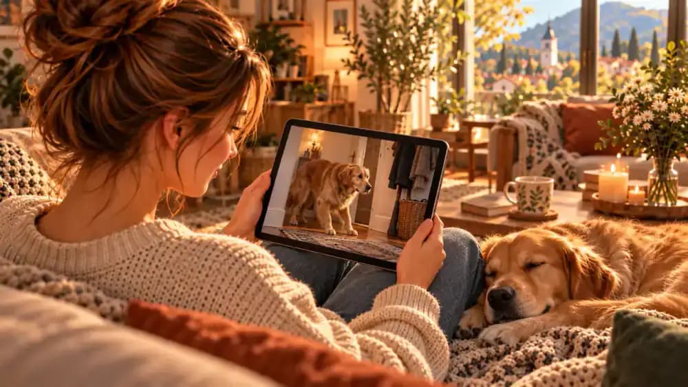 Emma reviews paused pet camera footage on a tablet showing Bailey becoming alert as she approaches the doorway, while Bailey rests comfortably beside her.