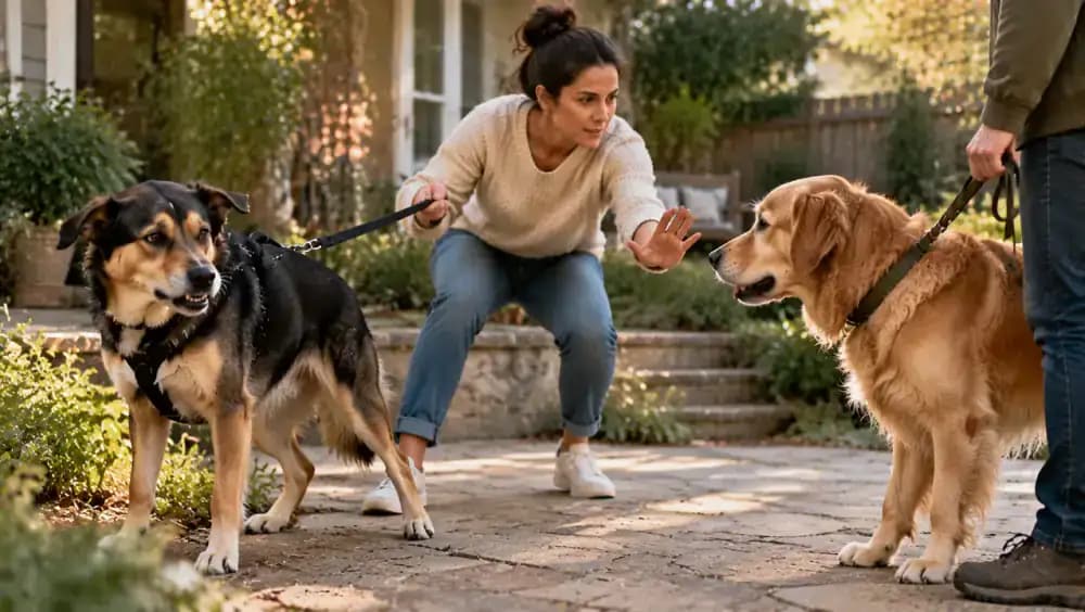 Two dogs independently enjoying a garden, resting on separate comfortable beds, and calmly sharing a spacious room while their owner supervises and rewards each dog individually.