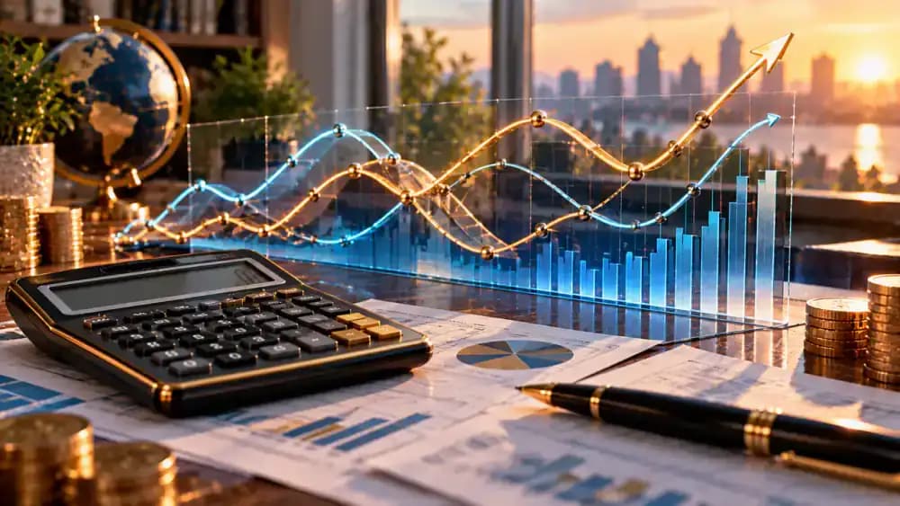 Rising and falling interest rate curves beside a calculator representing changing annuity pricing conditions.
