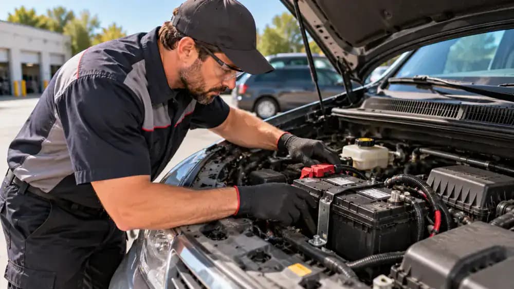 Automotive technician wearing protective eyewear and gloves visually inspecting the battery case, mounting bracket, and cable insulation under the hood of a parked American minivan.