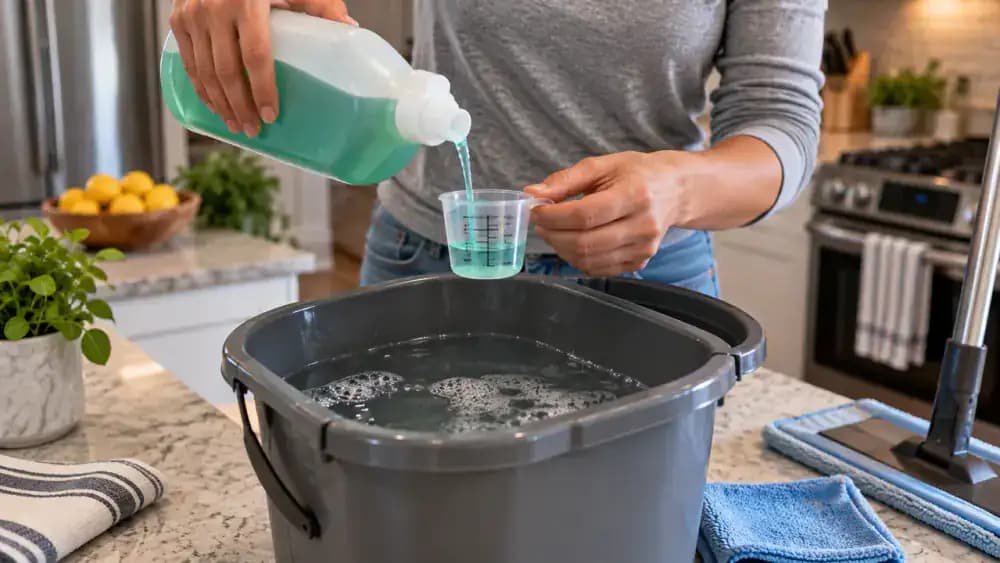 Overhead view of a person replacing a clean, dry kitchen runner on vinyl plank flooring in front of a sink after removing crumbs, wiping grease with a microfiber cloth, and checking the mat backing.