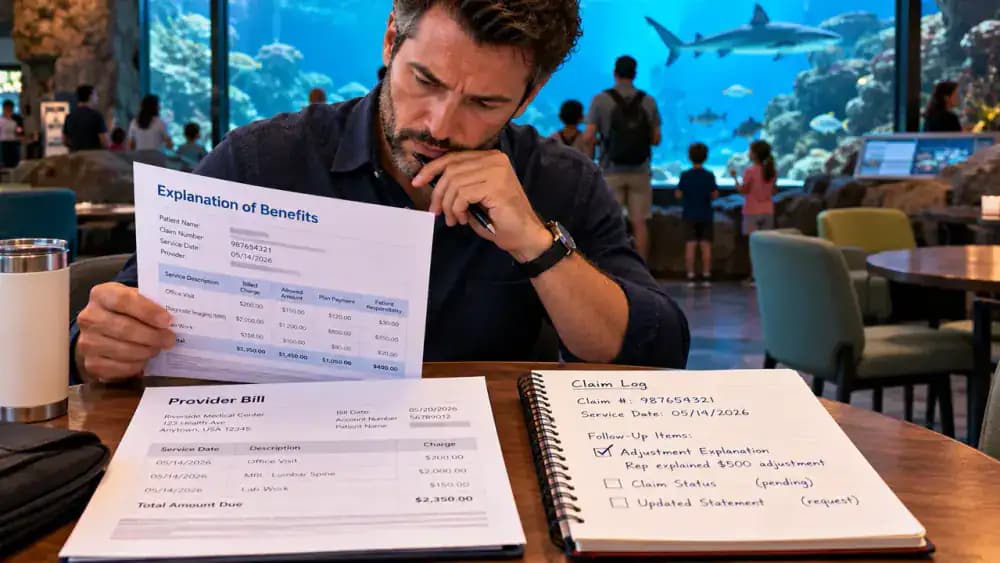 Adult in an aquarium visitor lounge reviewing fictional EOB and provider bill documents beside a checklist for adjustment explanation, claim status, and updated statement, with two items still unchecked.