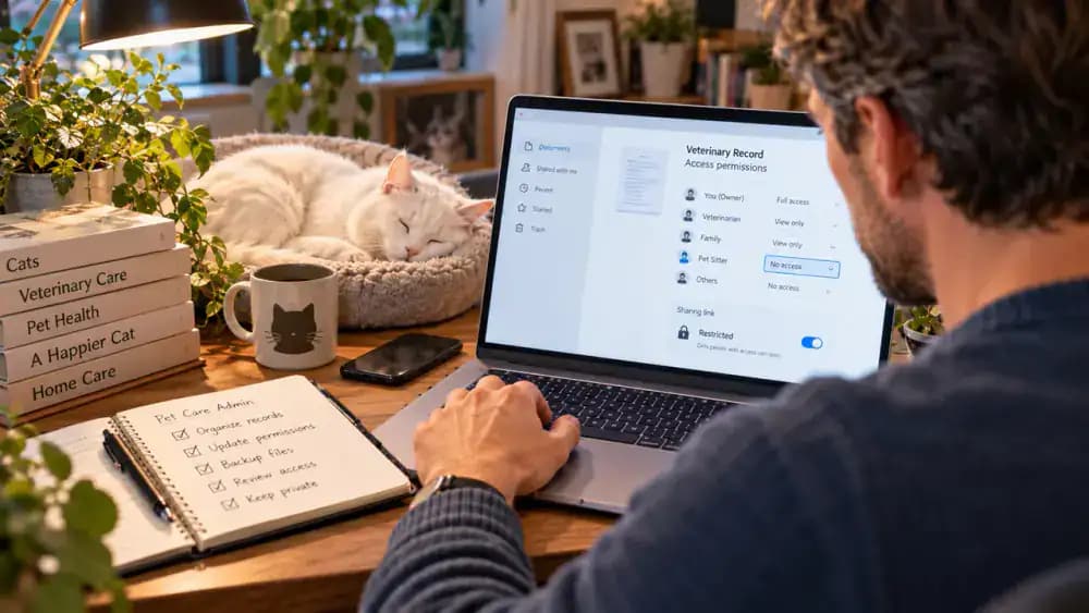 Cat owner reviewing restricted document sharing permissions and recipient information on a laptop