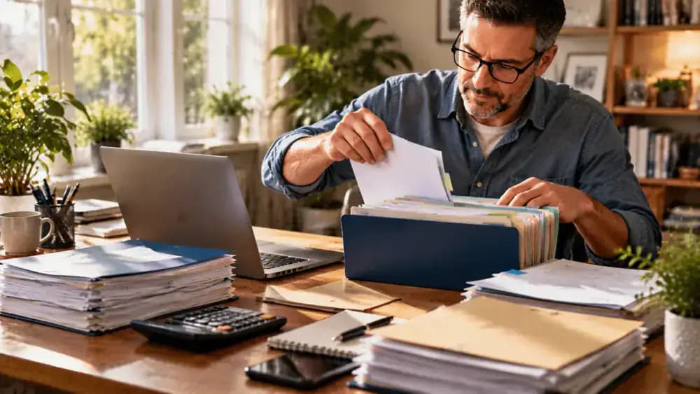 Taxpayer organizing financial documents beside a laptop in a bright home office.