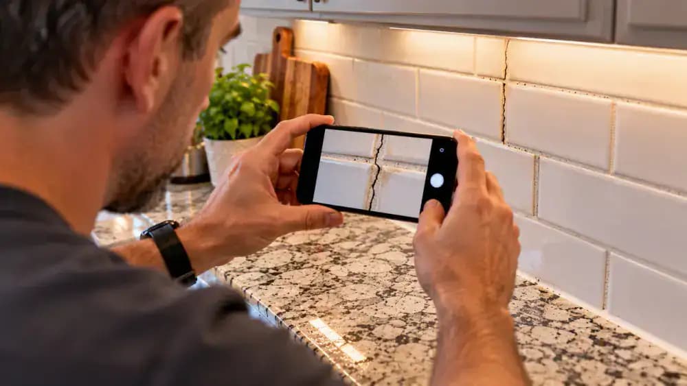 Homeowner wearing blue nitrile gloves reviewing grout repair decisions on a tablet at a kitchen island, comparing photographs of isolated grout cracks, deteriorated joints, separated caulk, and loose backsplash tiles.