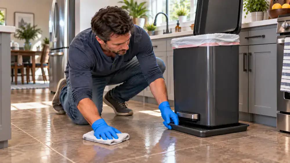 Gloved person positioning a kitchen trash can flat beside a cabinet with clear floor space around the base for stability and leak monitoring.