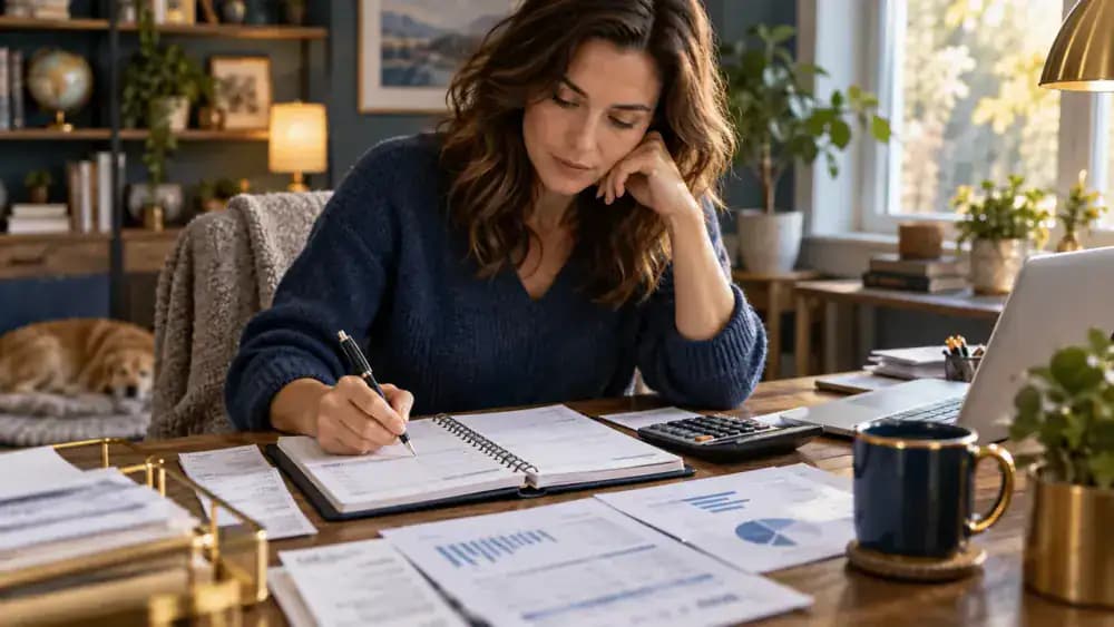 Person carefully reviewing long-term premium payments in a household ledger.