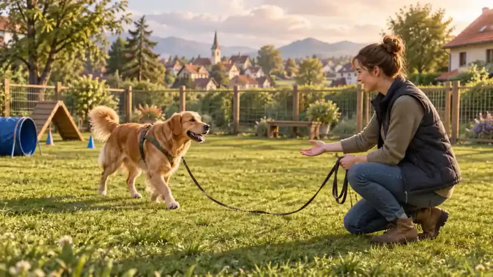 Golden retriever wearing a harness and long training line while approaching its owner in a fenced field