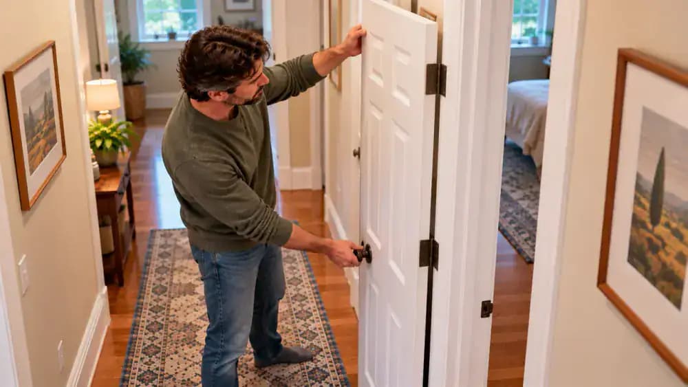 Close-up of a white interior door approaching its frame as a homeowner holds a brushed nickel lever down, checking the retracted latch bolt against the strike plate opening without contact.