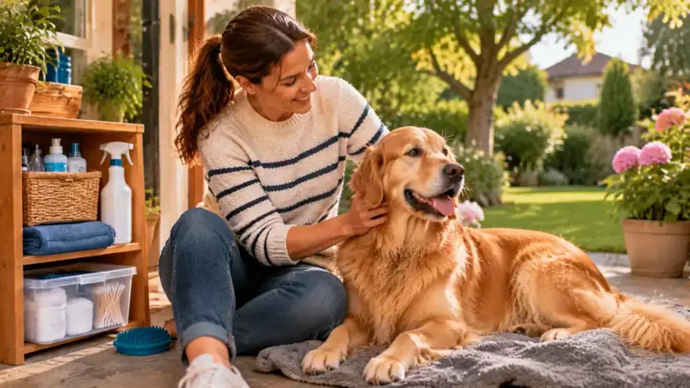 Owner observing the dog's ears, putting away grooming supplies, and rewarding the relaxed dog outdoors beside a checklist reading Observe, Be Gentle, and Ask Your Vet.