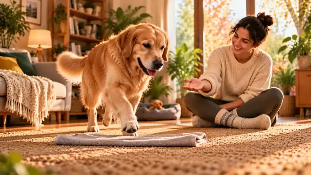 Dog voluntarily taking one comfortable step across a flat towel in a softly lit living room, then receiving affectionate praise from its seated owner while gently wagging its tail.