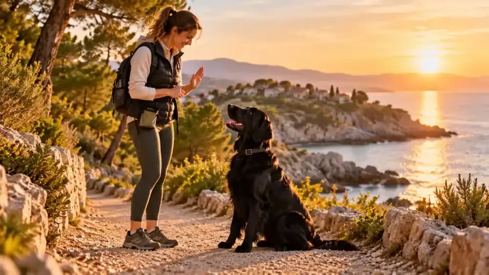 Flat Coated Retriever walking attentively beside its owner on a peaceful coastal path at golden hour, receiving verbal praise after responding to a hand signal.