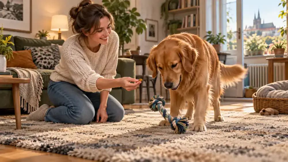A dog releases a soft rope toy onto a living room rug while its owner offers a treat in exchange.